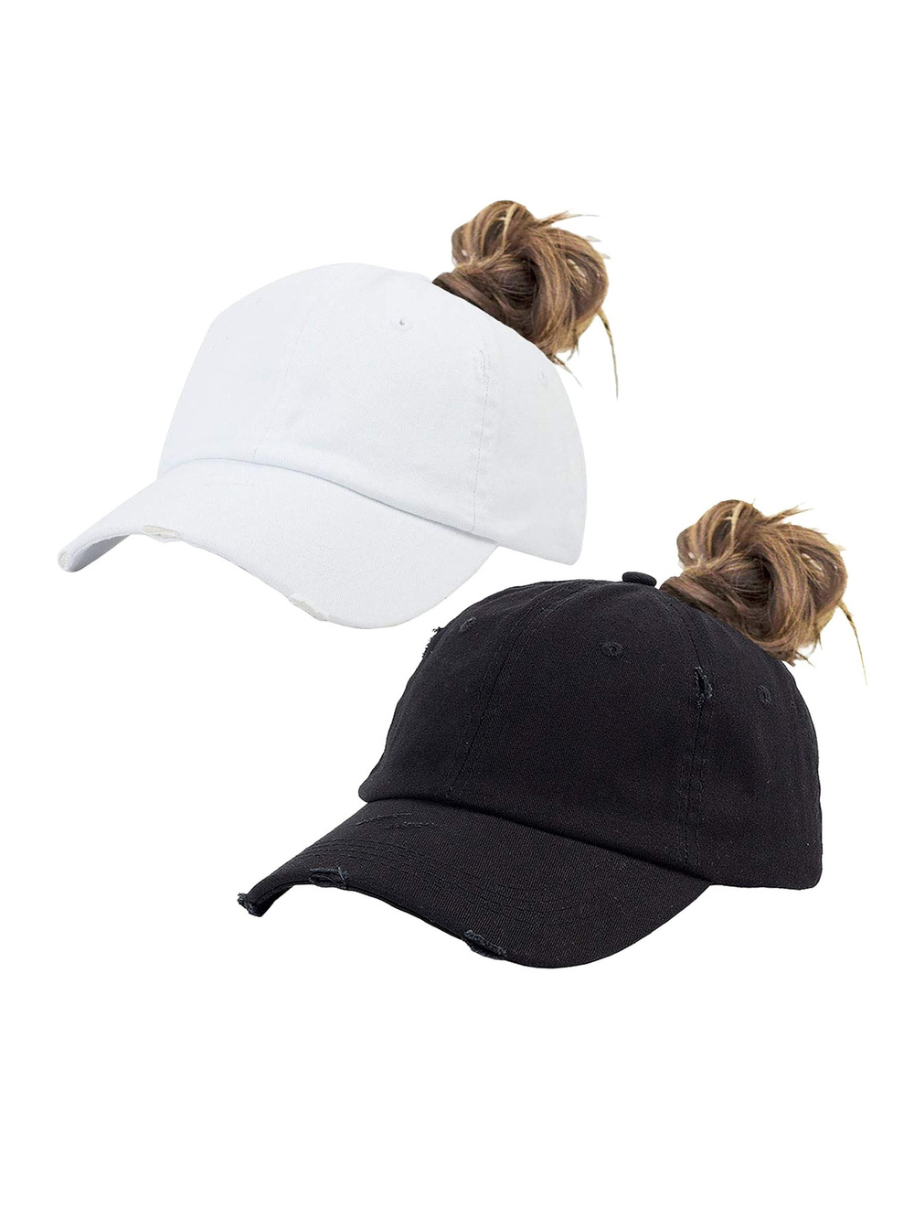 Ponytail Baseball Hat Distressed Retro Washed Womens | Black, White | Size M